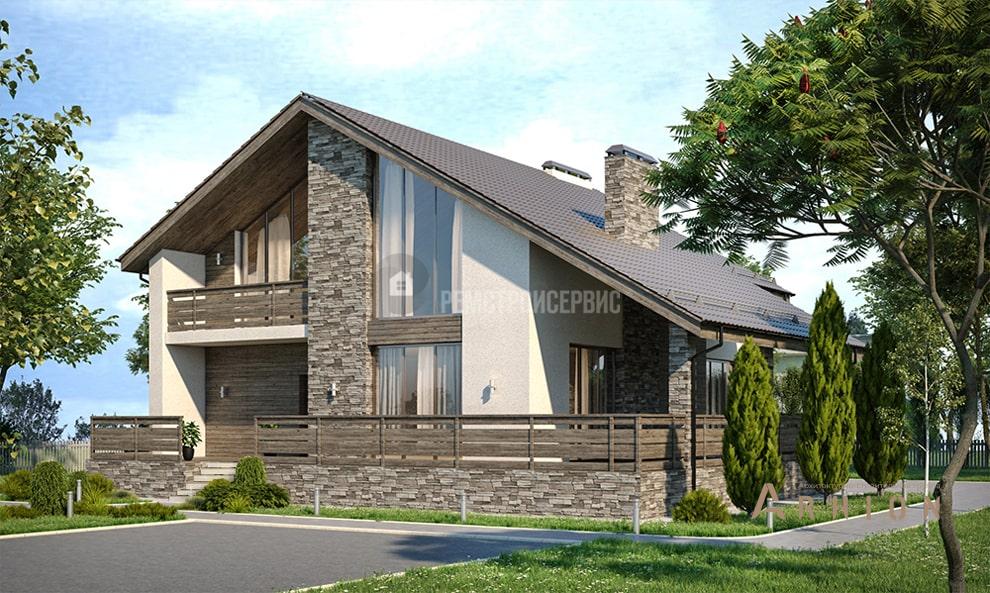 3. Проект одноэтажного дома в стиле шале с двускатной кровлей, t-12-01, площадью - 217 кв c мансардой, терассой, балконом